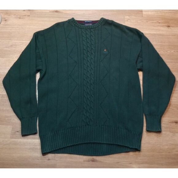 Vintage Gant Sweater Mens Sz Extra Large Cable Knit Green Pullover Embroidered - Picture 1 of 15